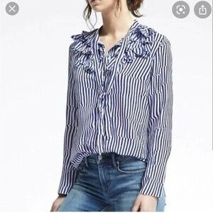 NWOT Banana Republic Elsie ruffle flutter striped blouse in blue and white. S.
